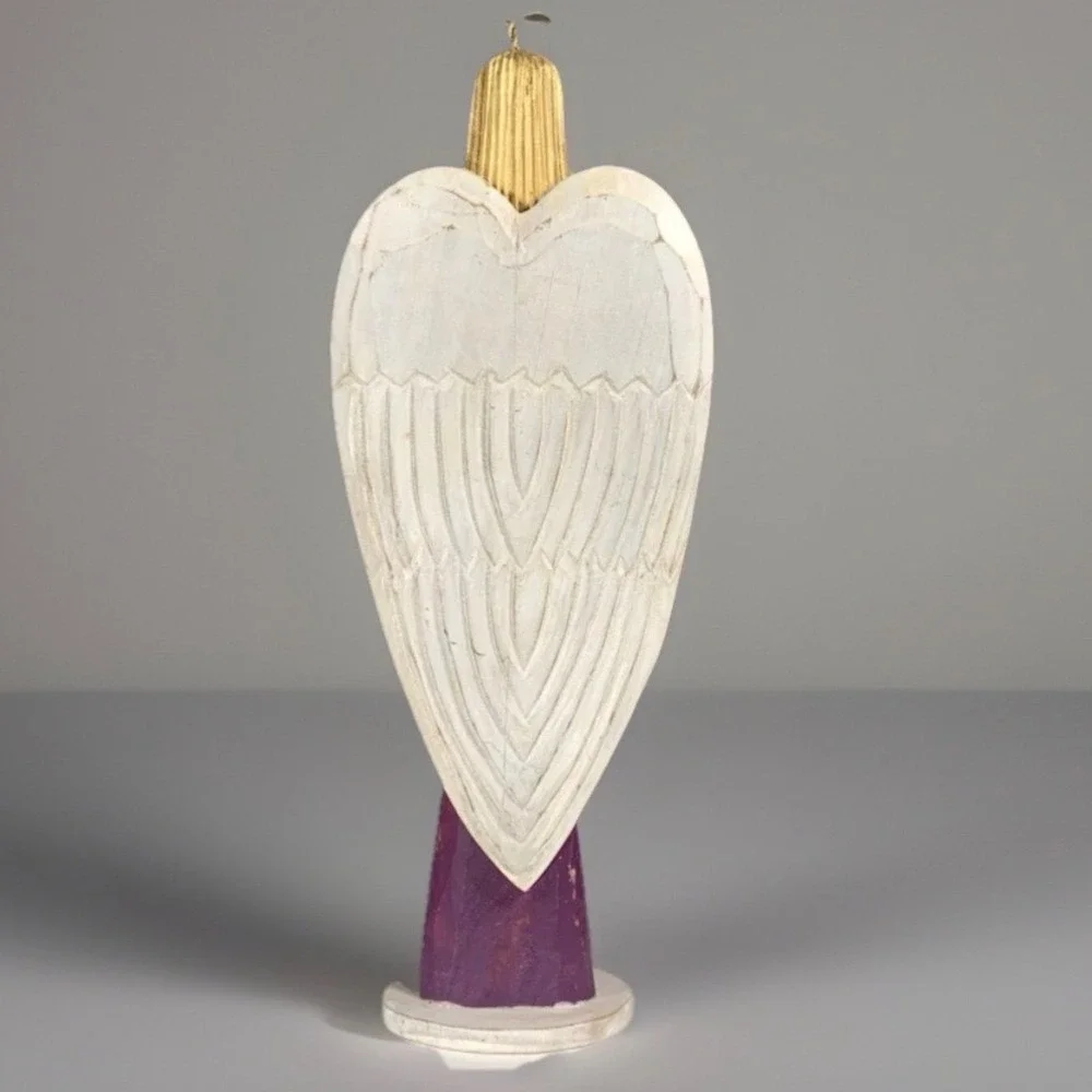Pier 1 Wooden Angel Wings Halo Figurine Plays Lute Purple Green Carved Folk Art